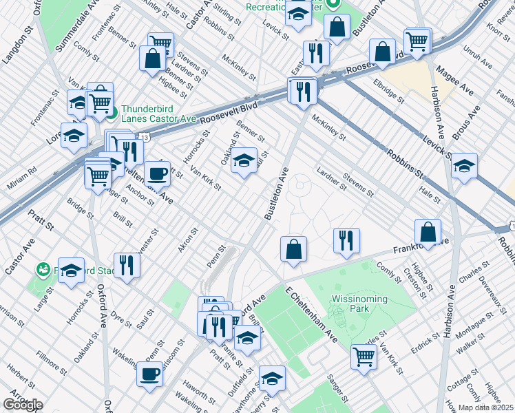 map of restaurants, bars, coffee shops, grocery stores, and more near 5909 Penn Street in Philadelphia
