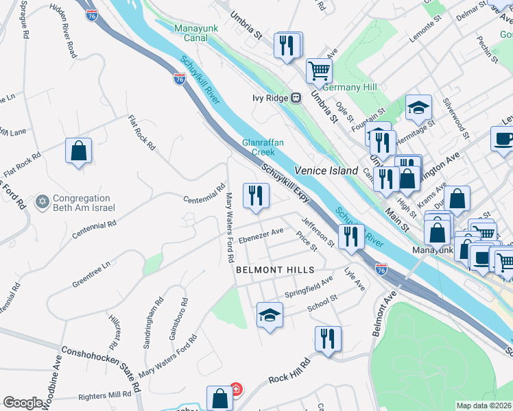 map of restaurants, bars, coffee shops, grocery stores, and more near 130 Highland Avenue in Bala Cynwyd