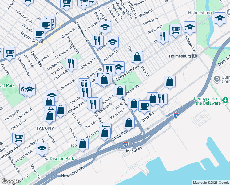 map of restaurants, bars, coffee shops, grocery stores, and more near 7249 Hegerman Street in Philadelphia