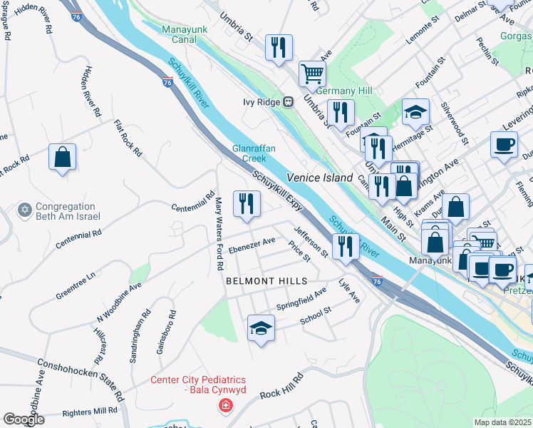 map of restaurants, bars, coffee shops, grocery stores, and more near 126 Jones Street in Bala Cynwyd