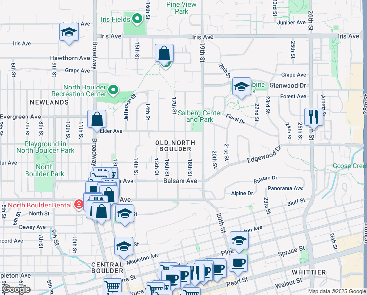 map of restaurants, bars, coffee shops, grocery stores, and more near 2955 18th Street in Boulder