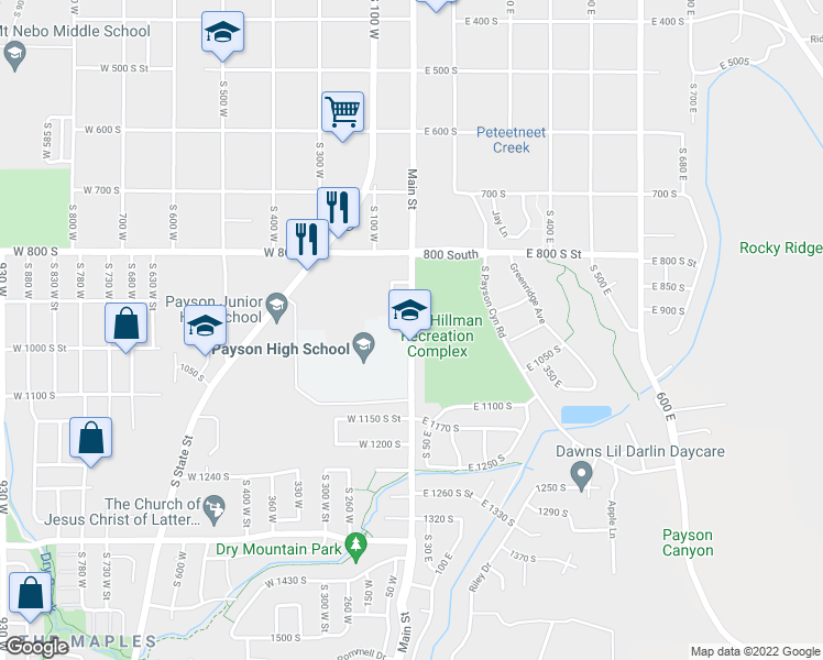 map of restaurants, bars, coffee shops, grocery stores, and more near South Main Street in Payson