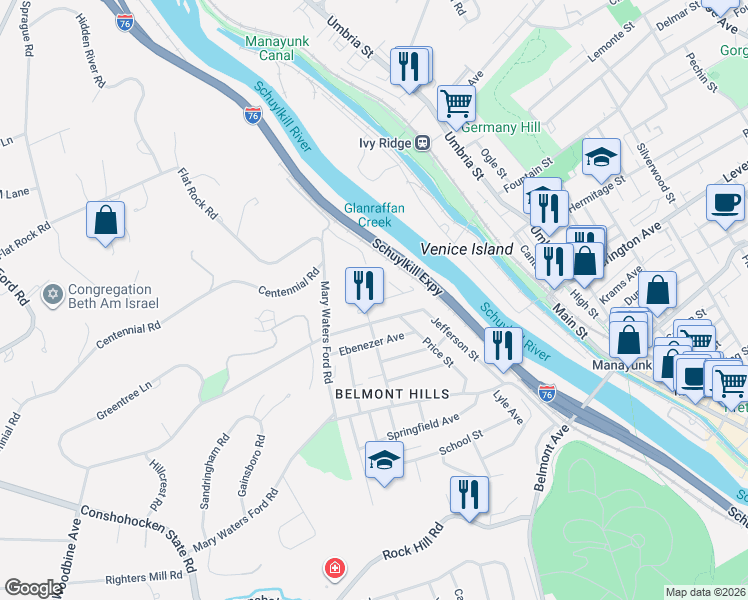 map of restaurants, bars, coffee shops, grocery stores, and more near 128 Jones Street in Bala Cynwyd