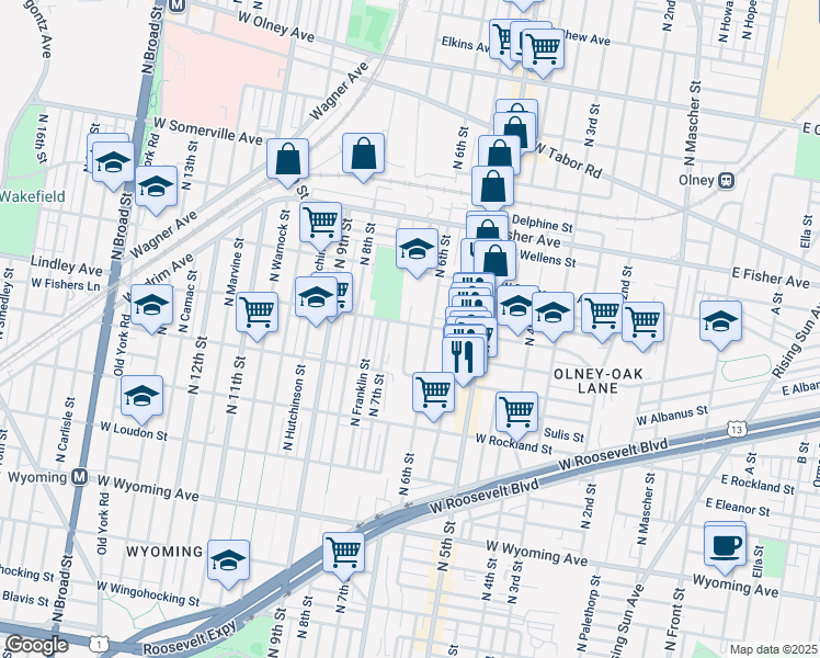map of restaurants, bars, coffee shops, grocery stores, and more near 622 Lindley Avenue in Philadelphia