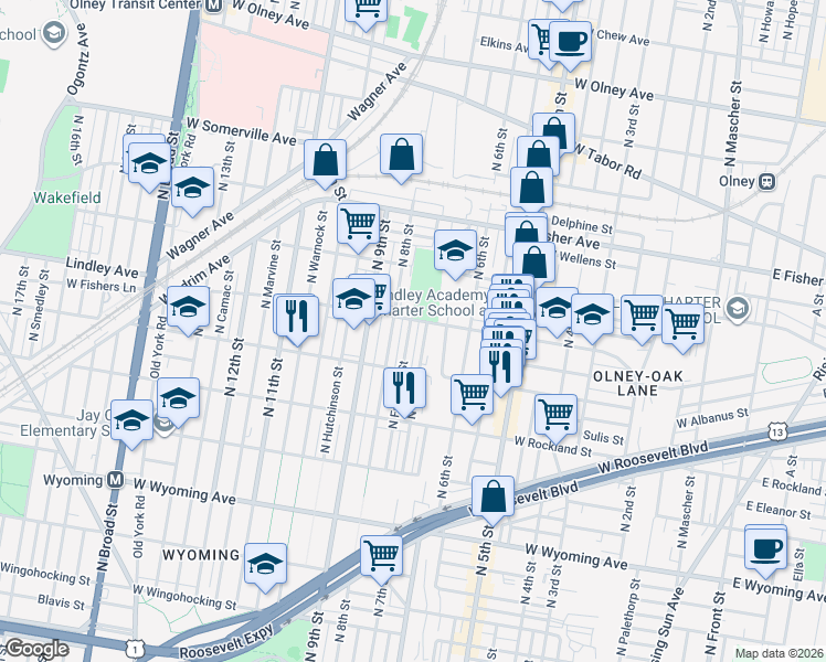 map of restaurants, bars, coffee shops, grocery stores, and more near 5051 North Franklin Street in Philadelphia