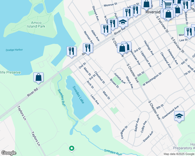 map of restaurants, bars, coffee shops, grocery stores, and more near 302 Chestnut Street in Delran Township