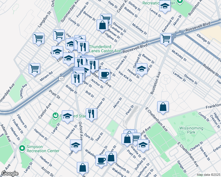 map of restaurants, bars, coffee shops, grocery stores, and more near 1528 East Cheltenham Avenue in Philadelphia
