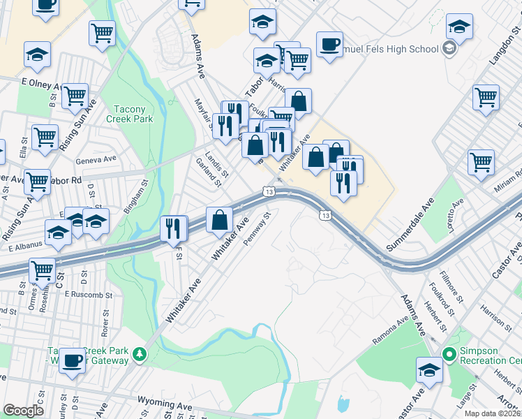 map of restaurants, bars, coffee shops, grocery stores, and more near 4207 Roosevelt Boulevard in Philadelphia