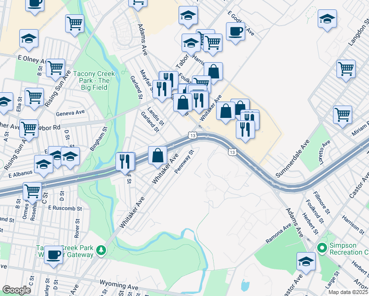 map of restaurants, bars, coffee shops, grocery stores, and more near 4219 East Roosevelt Boulevard in Philadelphia