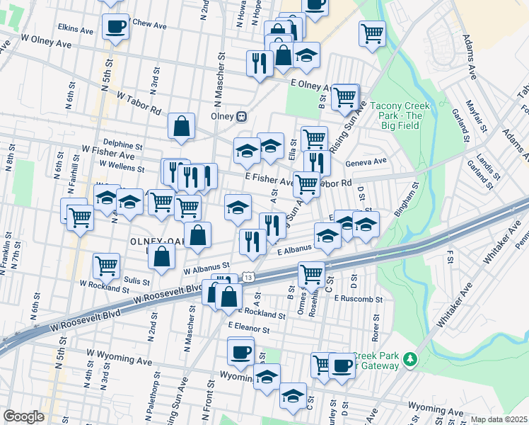 map of restaurants, bars, coffee shops, grocery stores, and more near 145 East Duncannon Avenue in Philadelphia