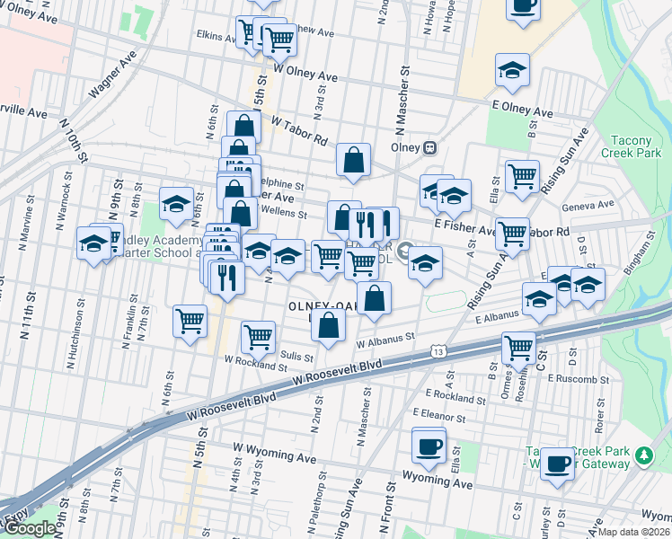 map of restaurants, bars, coffee shops, grocery stores, and more near 222 Rubicam Street in Philadelphia