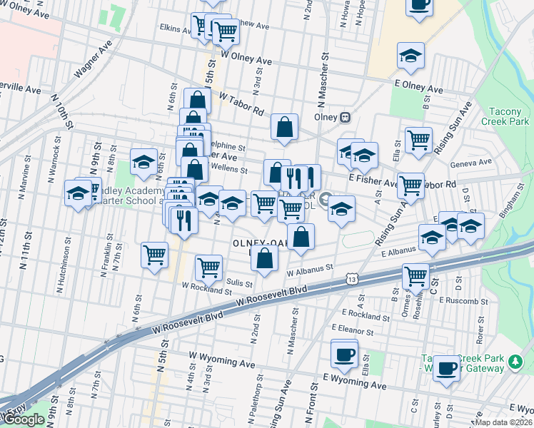 map of restaurants, bars, coffee shops, grocery stores, and more near 222 Rubicam Street in Philadelphia