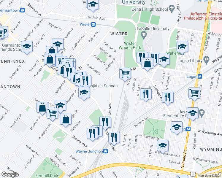 map of restaurants, bars, coffee shops, grocery stores, and more near 4865 Stenton Avenue in Philadelphia