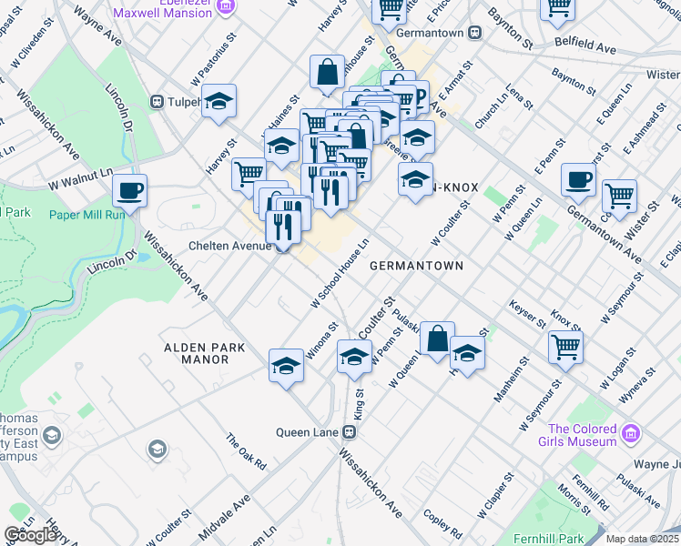 map of restaurants, bars, coffee shops, grocery stores, and more near 307 West School House Lane in Philadelphia