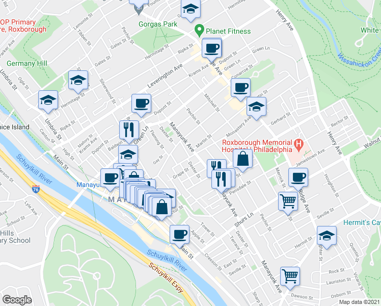 map of restaurants, bars, coffee shops, grocery stores, and more near 4372 Dexter Street in Philadelphia
