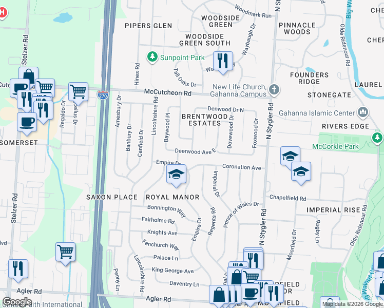 map of restaurants, bars, coffee shops, grocery stores, and more near 545 Deerwood Avenue East in Gahanna