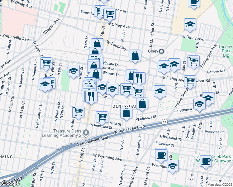 map of restaurants, bars, coffee shops, grocery stores, and more near 267 West Sheldon Street in Philadelphia