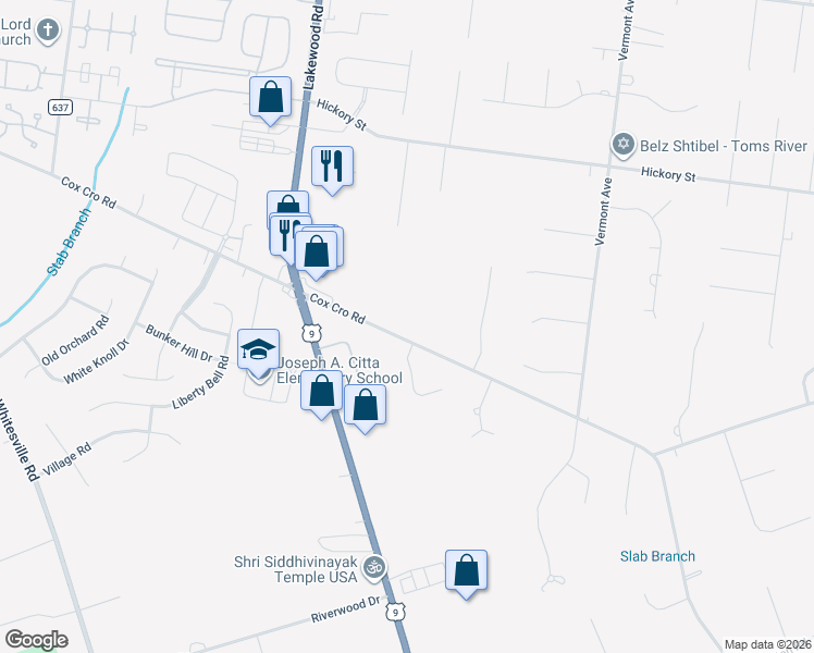 map of restaurants, bars, coffee shops, grocery stores, and more near 1036 Cox Cro Road in Toms River