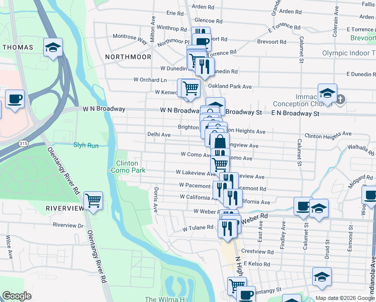 map of restaurants, bars, coffee shops, grocery stores, and more near 84-86 East Como Avenue in Columbus
