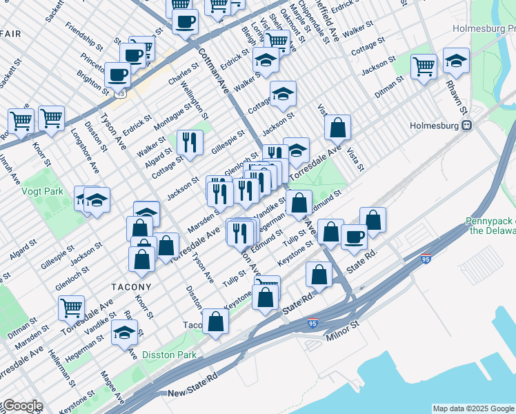 map of restaurants, bars, coffee shops, grocery stores, and more near 7157 Torresdale Avenue in Philadelphia