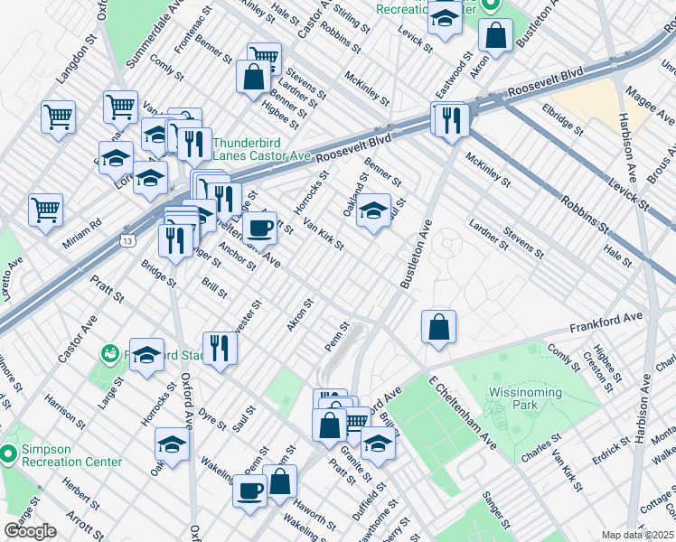 map of restaurants, bars, coffee shops, grocery stores, and more near 5839 Akron Street in Philadelphia