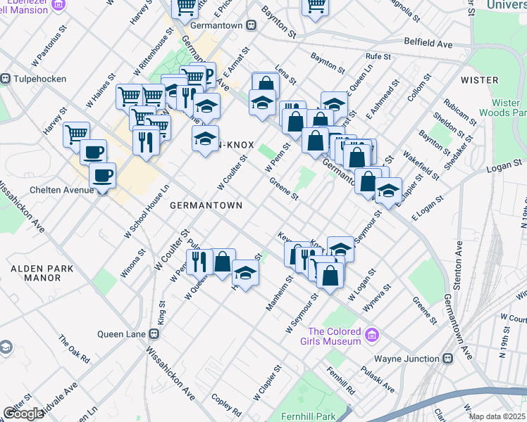map of restaurants, bars, coffee shops, grocery stores, and more near 144 West Queen Lane in Philadelphia