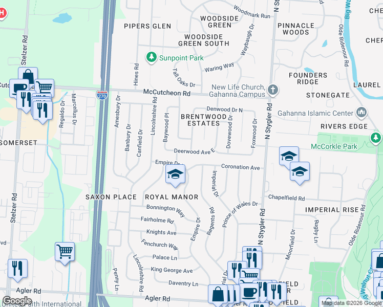 map of restaurants, bars, coffee shops, grocery stores, and more near 545 Deerwood Avenue East in Gahanna