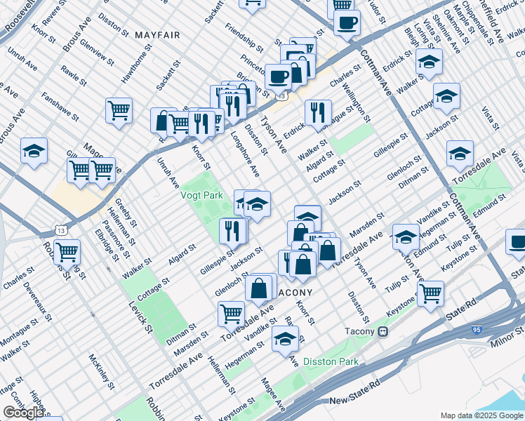 map of restaurants, bars, coffee shops, grocery stores, and more near 6826 Cottage Street in Philadelphia