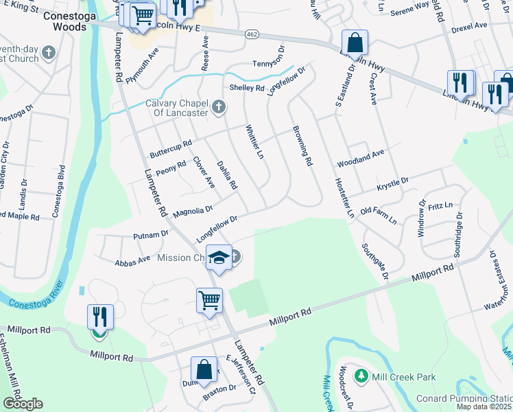 map of restaurants, bars, coffee shops, grocery stores, and more near 446 Longfellow Drive in Lancaster