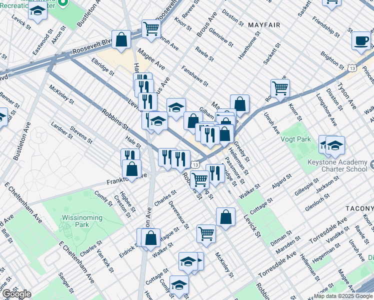 map of restaurants, bars, coffee shops, grocery stores, and more near 3131 Barnett Street in Philadelphia