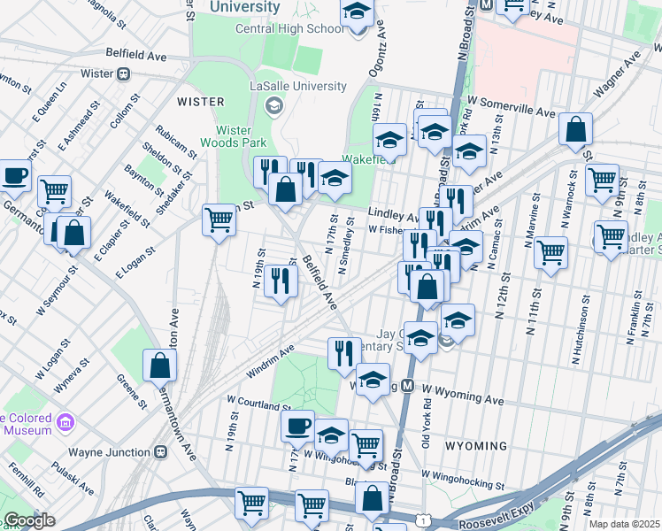 map of restaurants, bars, coffee shops, grocery stores, and more near 4933 North 17th Street in Philadelphia