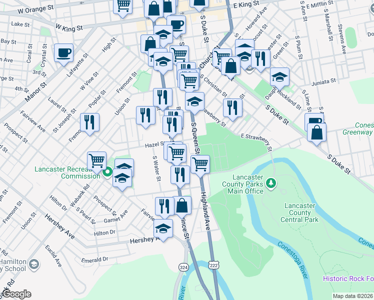 map of restaurants, bars, coffee shops, grocery stores, and more near 525 Beaver St in Lancaster