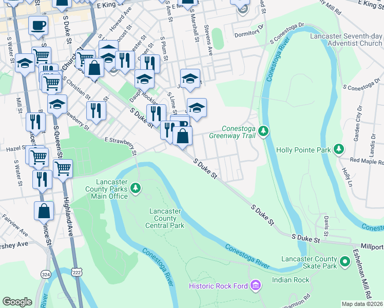 map of restaurants, bars, coffee shops, grocery stores, and more near 638 South Ann Street in Lancaster