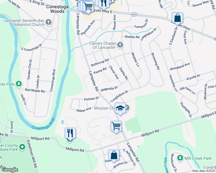map of restaurants, bars, coffee shops, grocery stores, and more near 1615 Magnolia Dr in Lancaster