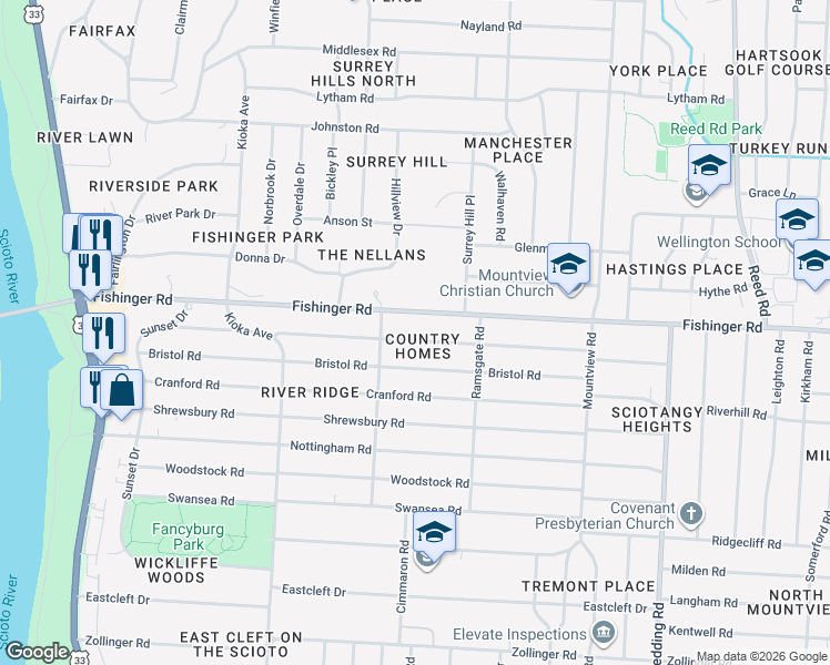 map of restaurants, bars, coffee shops, grocery stores, and more near 2378 Edgevale Rd in Columbus