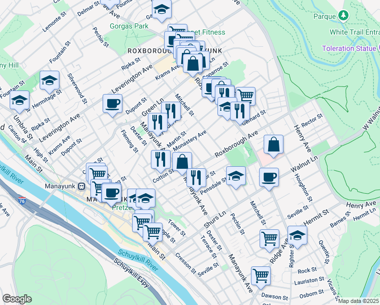 map of restaurants, bars, coffee shops, grocery stores, and more near 4328 Pechin Street in Philadelphia