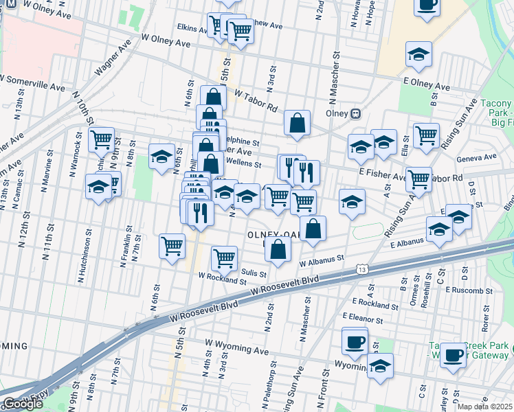 map of restaurants, bars, coffee shops, grocery stores, and more near 267 West Sheldon Street in Philadelphia