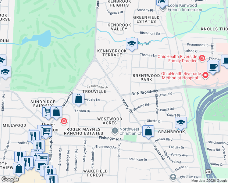 map of restaurants, bars, coffee shops, grocery stores, and more near 1280 Fountaine Drive in Upper Arlington