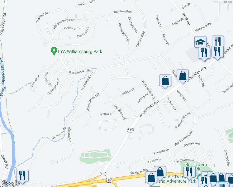 map of restaurants, bars, coffee shops, grocery stores, and more near 15 Jenkins Drive in Downingtown