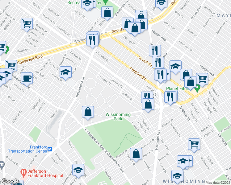 map of restaurants, bars, coffee shops, grocery stores, and more near 2744R Lardner Street in Philadelphia