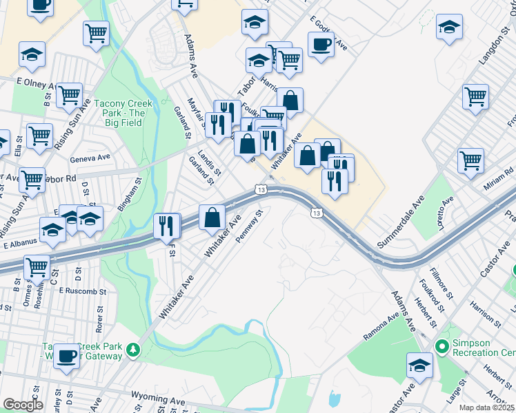 map of restaurants, bars, coffee shops, grocery stores, and more near 4219 East Roosevelt Boulevard in Philadelphia