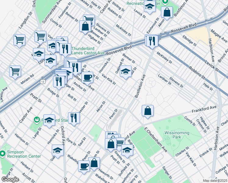 map of restaurants, bars, coffee shops, grocery stores, and more near 5839 Akron Street in Philadelphia
