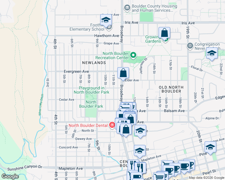 map of restaurants, bars, coffee shops, grocery stores, and more near 2957 11th Street in Boulder