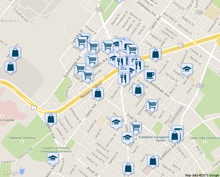map of restaurants, bars, coffee shops, grocery stores, and more near 5237 Castor Avenue in Philadelphia
