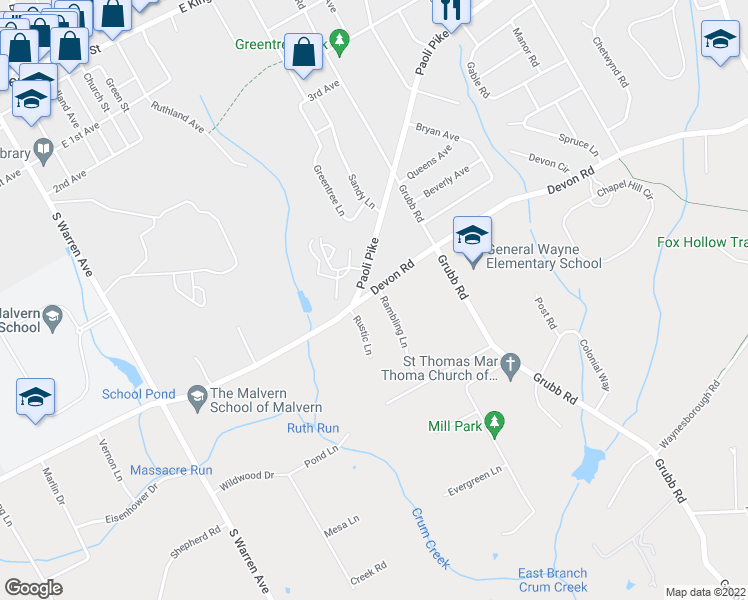 map of restaurants, bars, coffee shops, grocery stores, and more near 2 Devon Road in Malvern