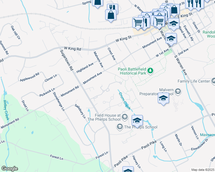 map of restaurants, bars, coffee shops, grocery stores, and more near 147 Carters Grove in Malvern