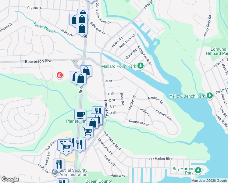map of restaurants, bars, coffee shops, grocery stores, and more near 106 D Street in Brick Township