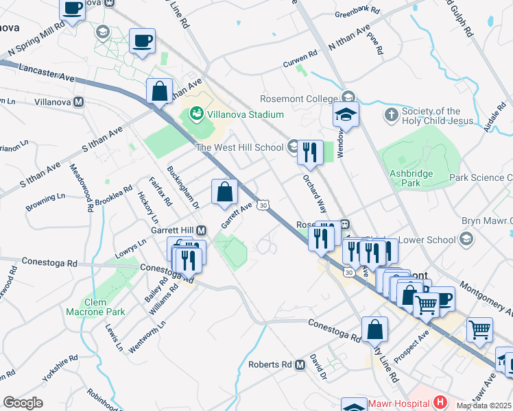 map of restaurants, bars, coffee shops, grocery stores, and more near 1022 Lincoln Highway in Bryn Mawr