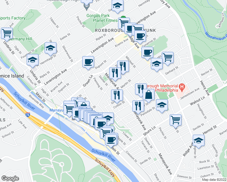 map of restaurants, bars, coffee shops, grocery stores, and more near 4374 Dexter St in Philadelphia