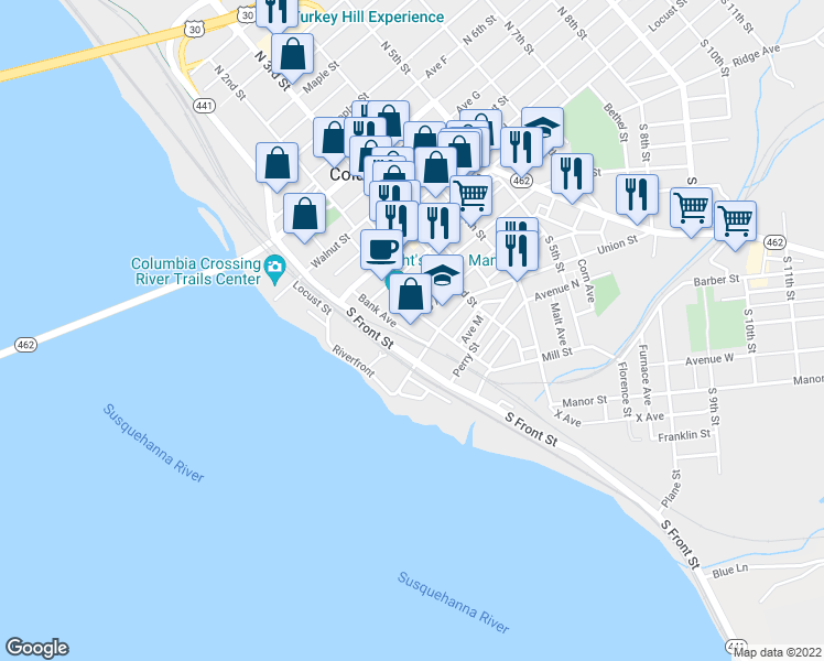 map of restaurants, bars, coffee shops, grocery stores, and more near 125 Bank Avenue in Columbia